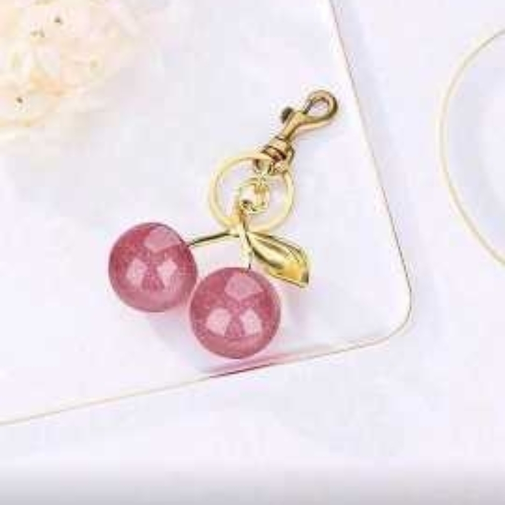 Gold Pink Cherry Keychain Bag Charm - Picture 5 of 10